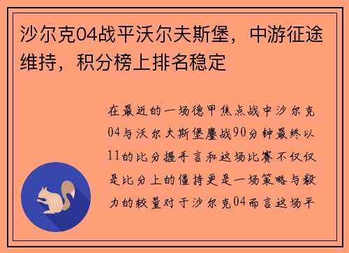 沙尔克04战平沃尔夫斯堡，中游征途维持，积分榜上排名稳定